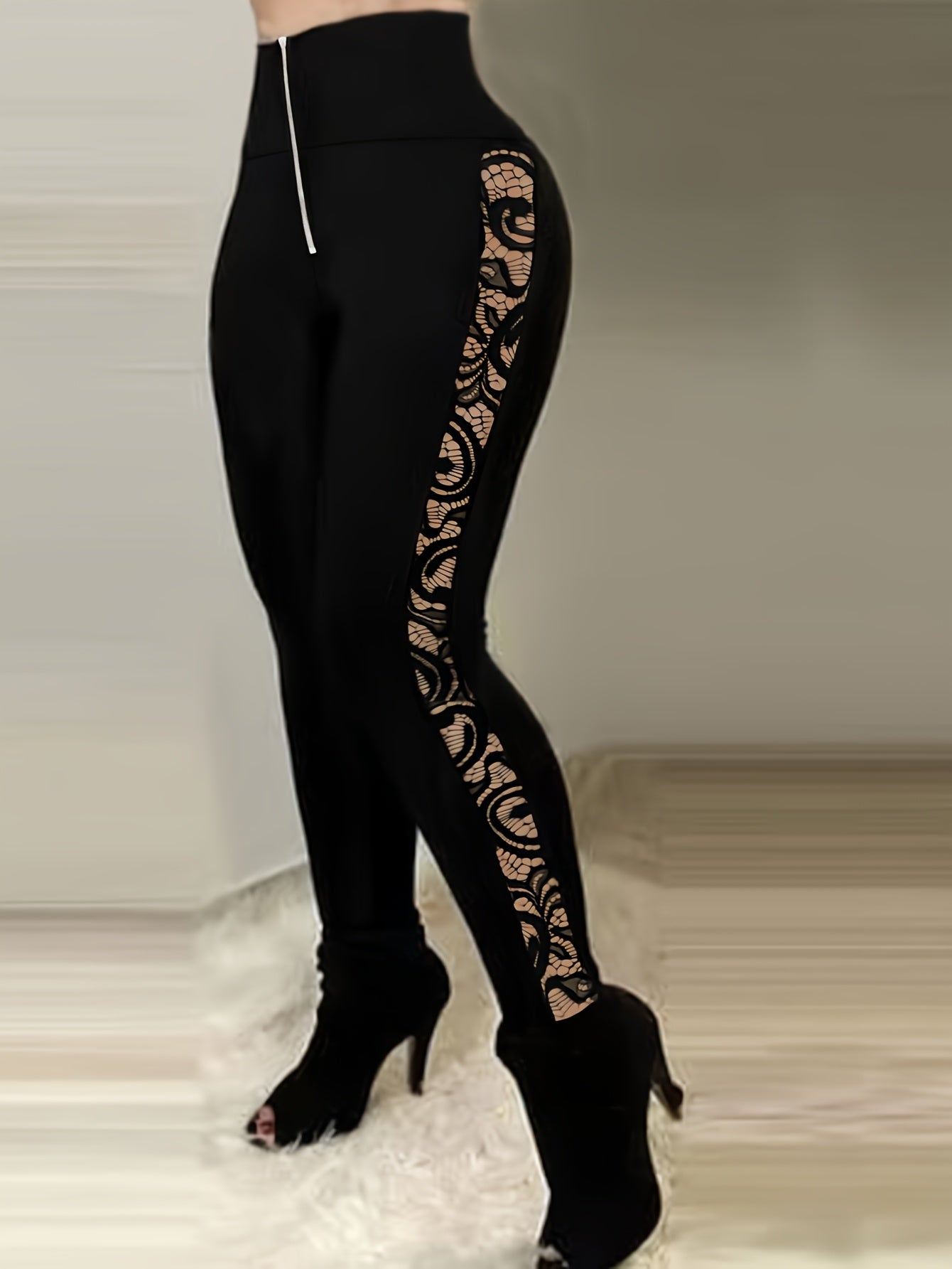 Elegant Women's High-Waist Lace-Trimmed Slim-Fit Leggings - Stretchy & Comfortable, Black with Intricate Floral Design, Machine Washable, Perfect for All Seasons